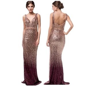 Bicici & Coty Ombre Rose Gold Sequin Beaded Mesh Jeweled Maxi Dress Gown S